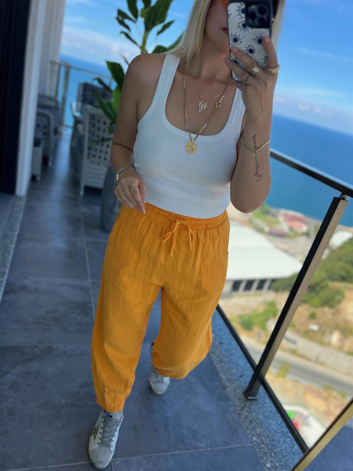 0255 Paçası Pilili Pantalon ORANGE