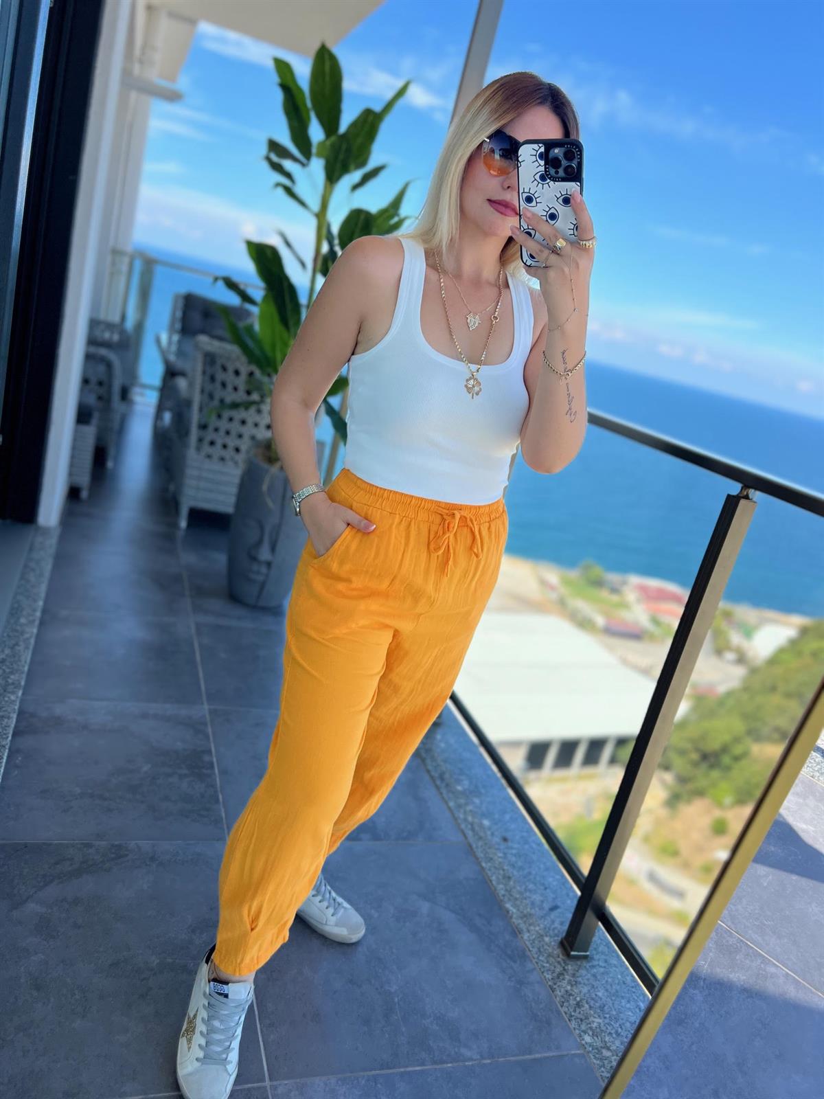 0255 Paçası Pilili Pantalon ORANGE