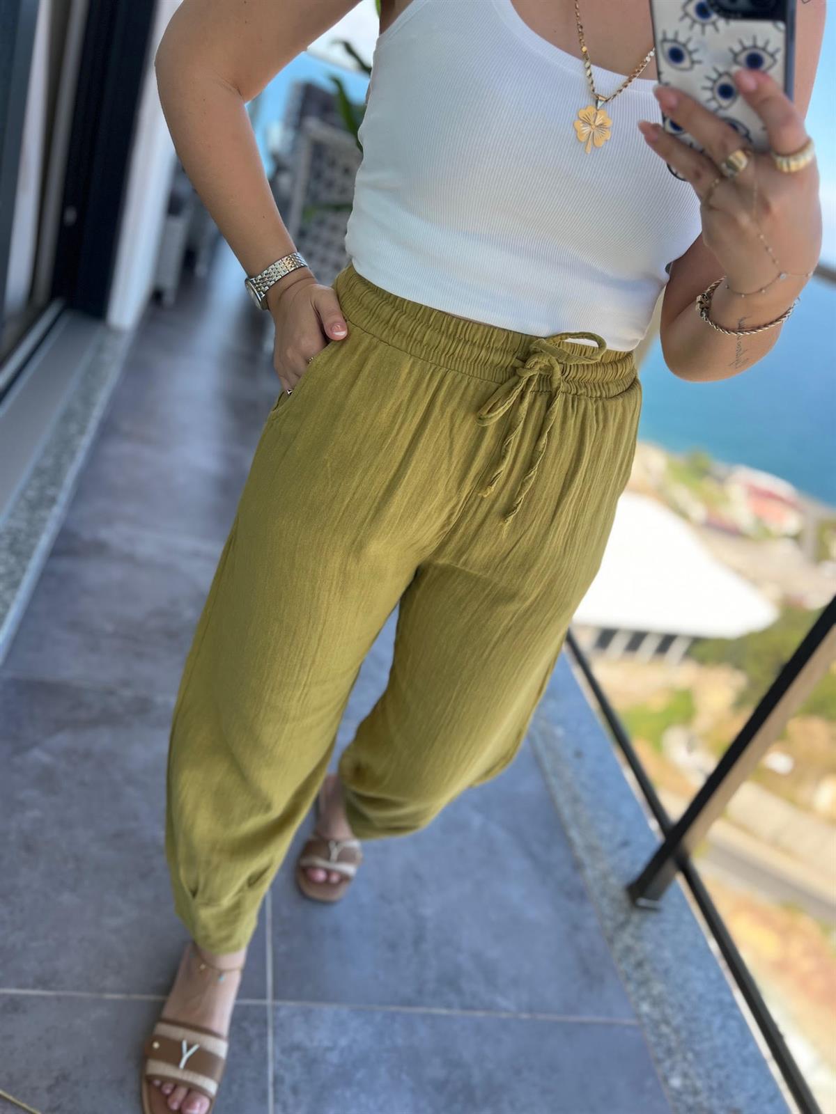 0255 Paçası Pilili Pantalon YEŞİL
