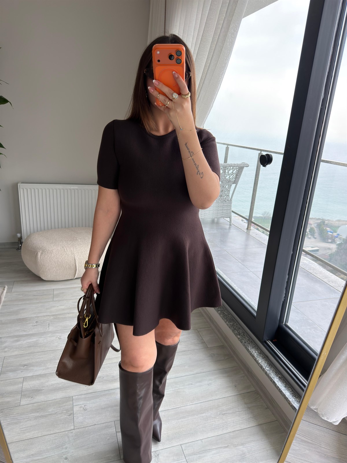 0258 Volanlı Elbise KAHVE