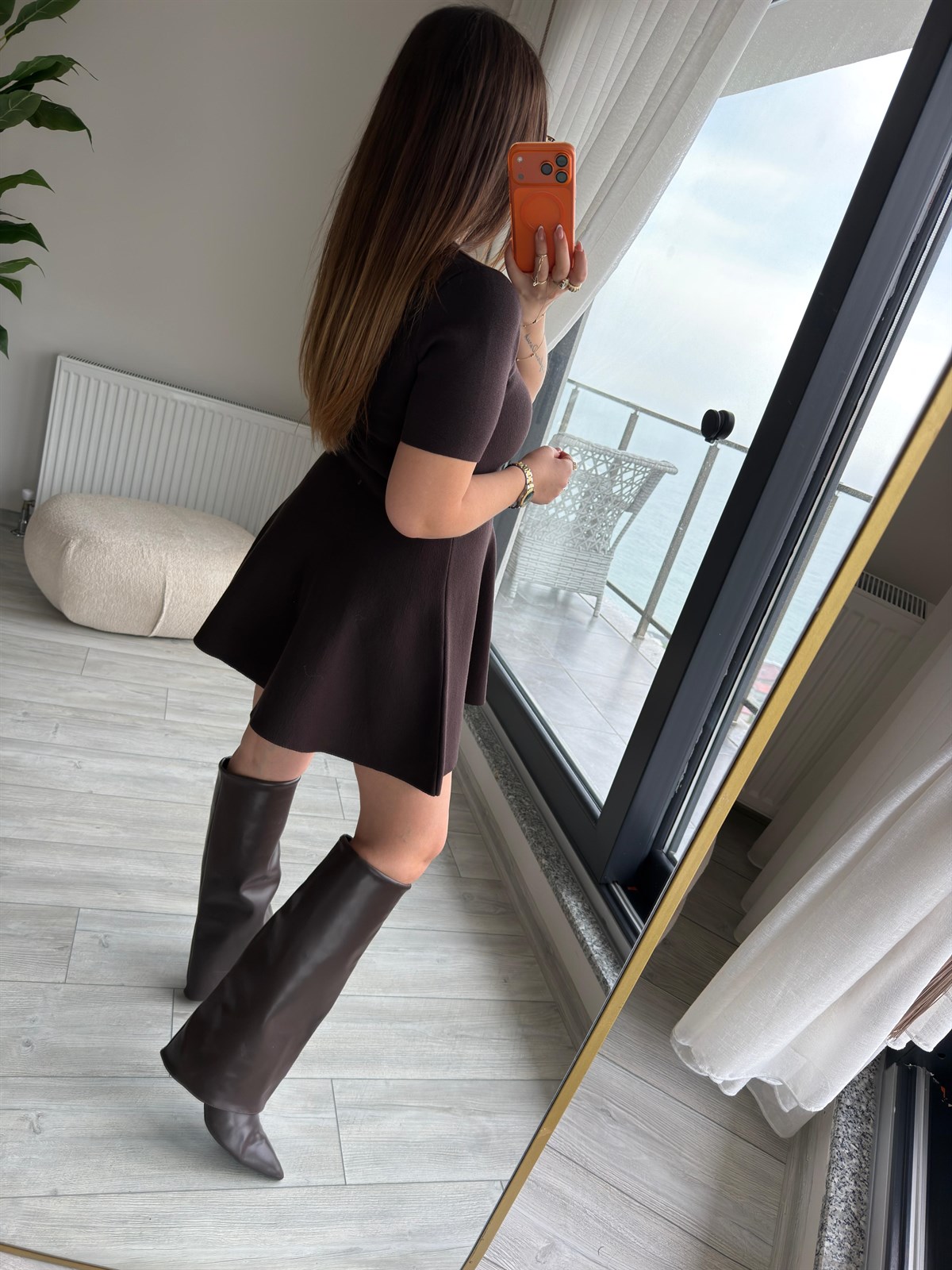 0258 Volanlı Elbise KAHVE
