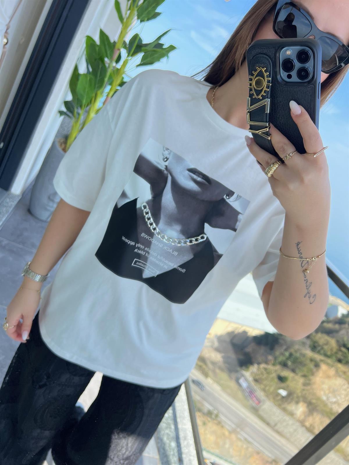 0271 Zincir Detay Tshirt EKRU
