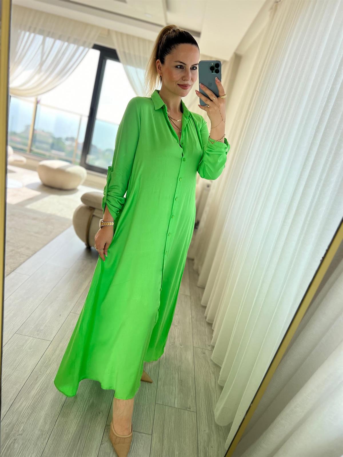 03 Uzun Gömlek Elbise YEŞİL