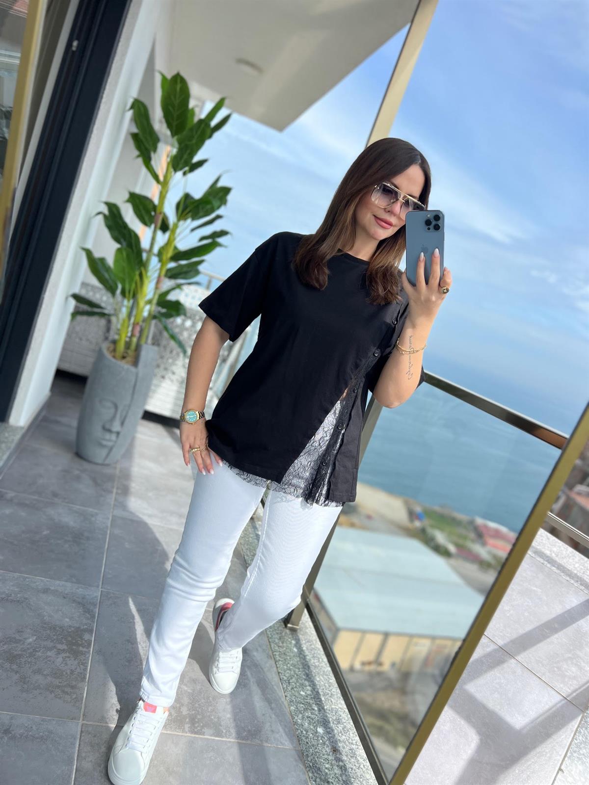 0307 Dantel Detay Tshirt SİYAH