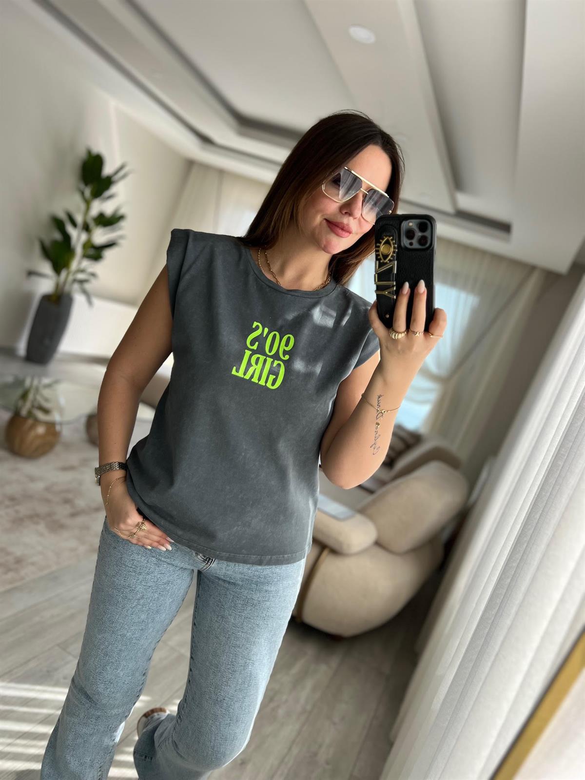 0310 Baskılı Vatkalı Tshirt ANTRESİT
