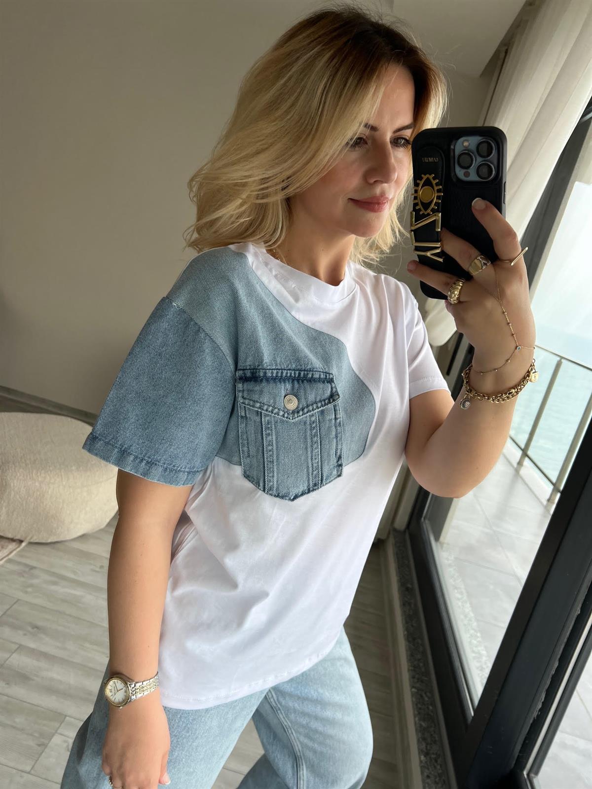 034 Cebi Jean Detaylı Tshirt BEYAZ
