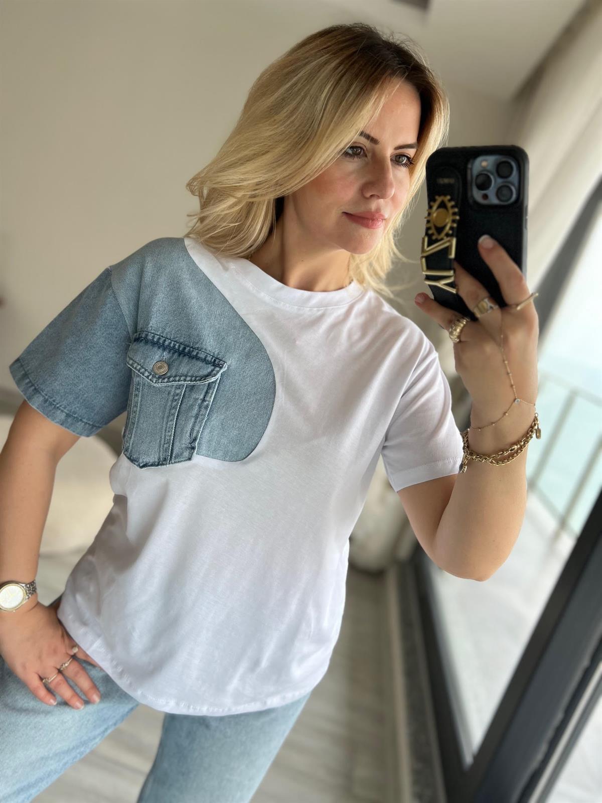 034 Cebi Jean Detaylı Tshirt BEYAZ