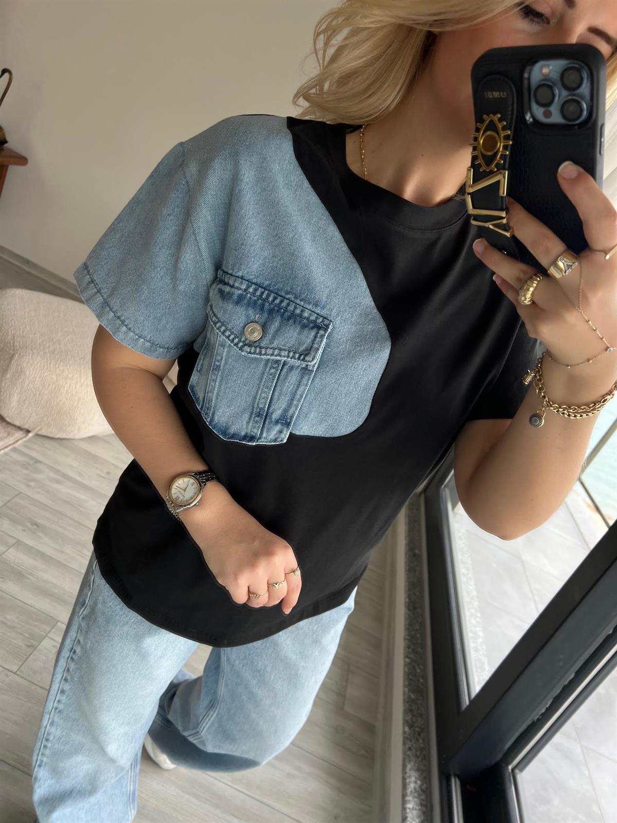 034 Cebi Jean Detaylı Tshirt SİYAH
