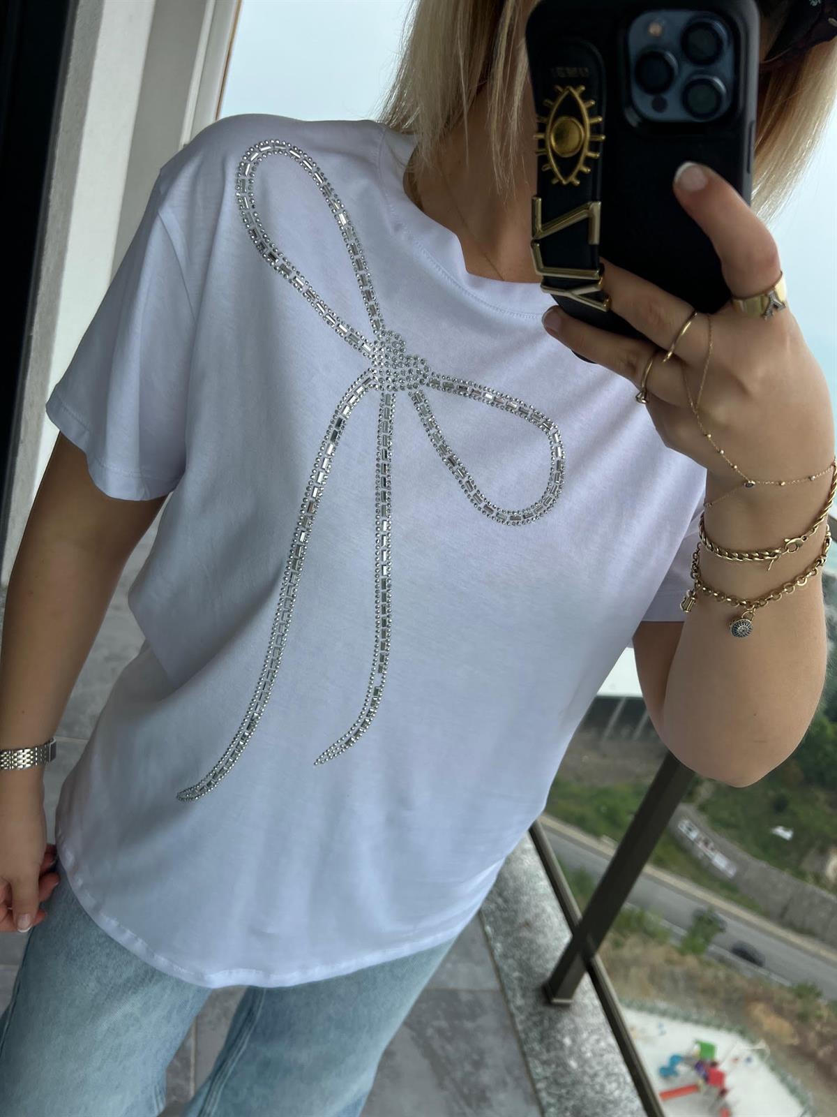 044 Taşlı Fiyonklu Tshirt BEYAZ