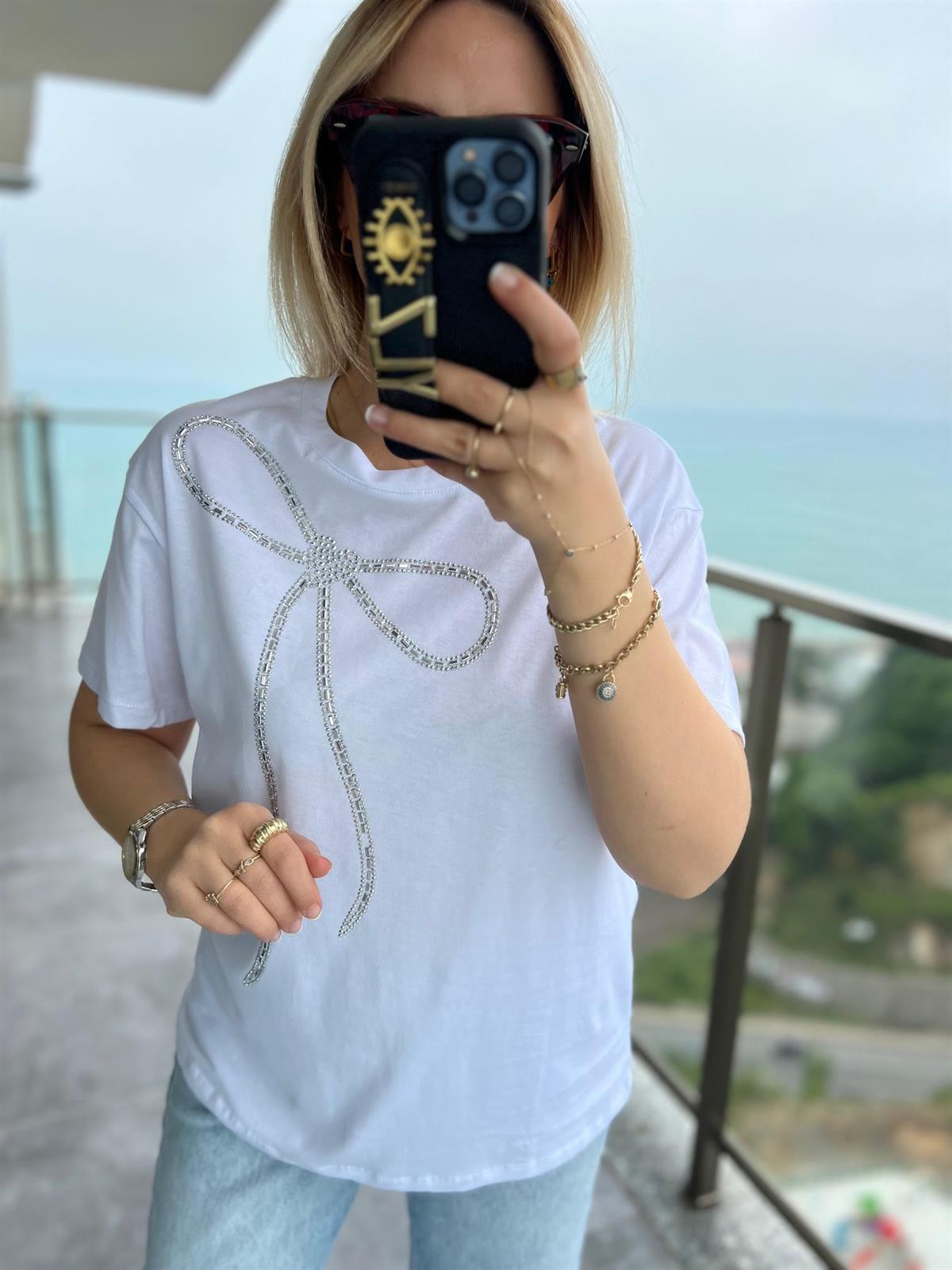 044 Taşlı Fiyonklu Tshirt BEYAZ