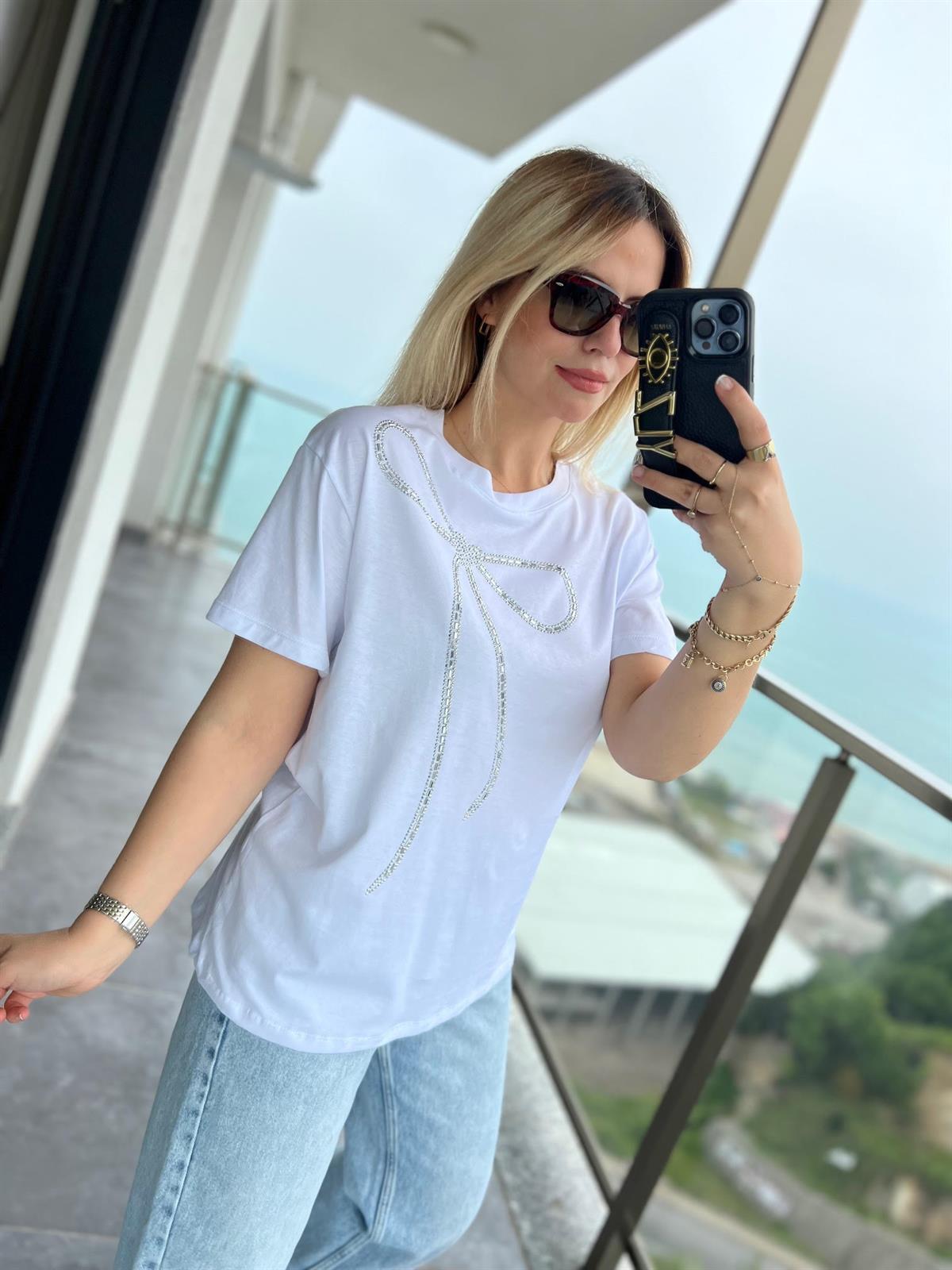 044 Taşlı Fiyonklu Tshirt BEYAZ
