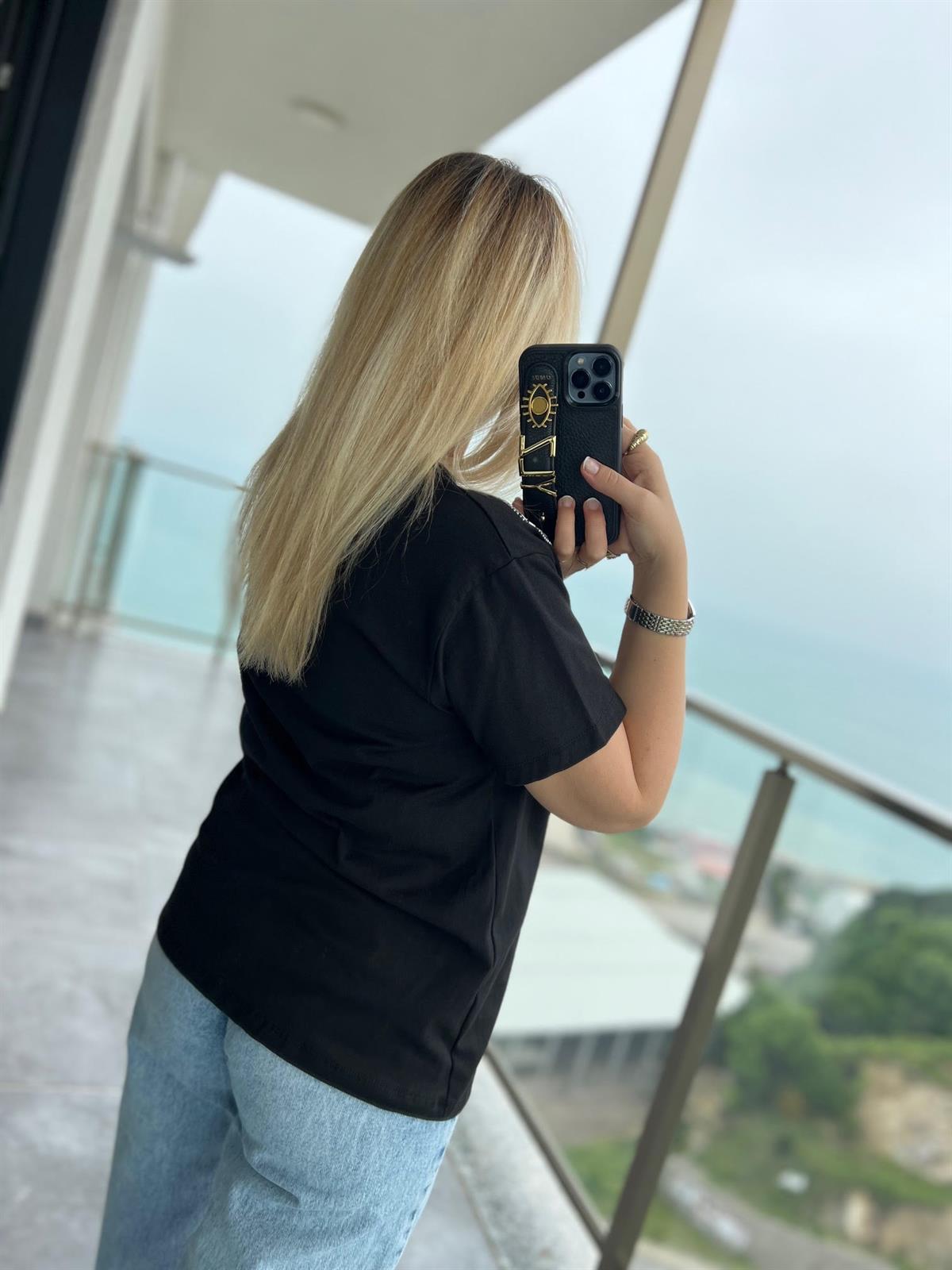 044 Taşlı Fiyonklu Tshirt SİYAH