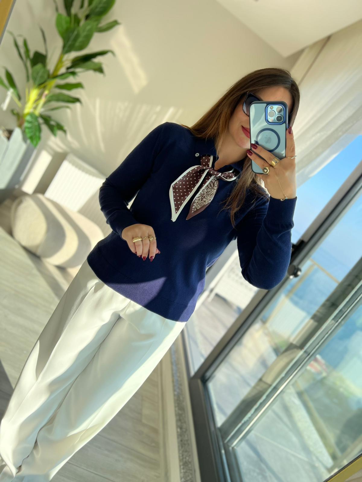 0518 Fularlı Uzun Kollu Kazak LACİVERT