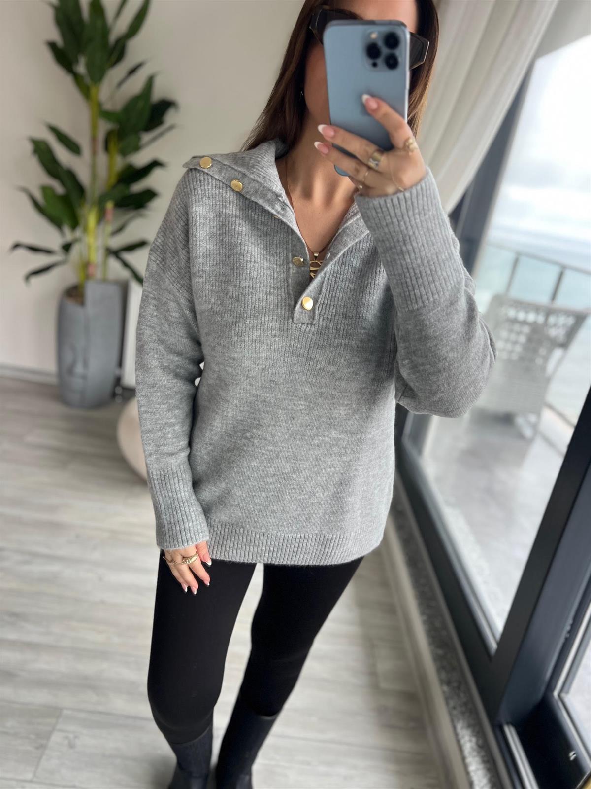 059 Patlı Polo Yaka Kazak GRİ