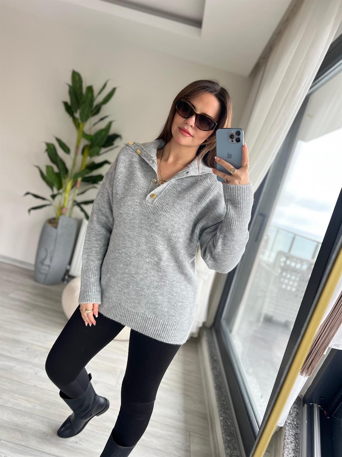 059 Patlı Polo Yaka Kazak GRİ