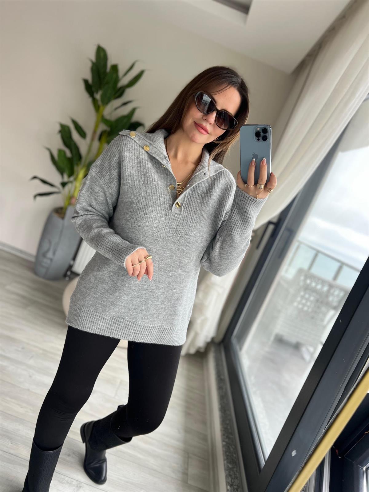 059 Patlı Polo Yaka Kazak GRİ