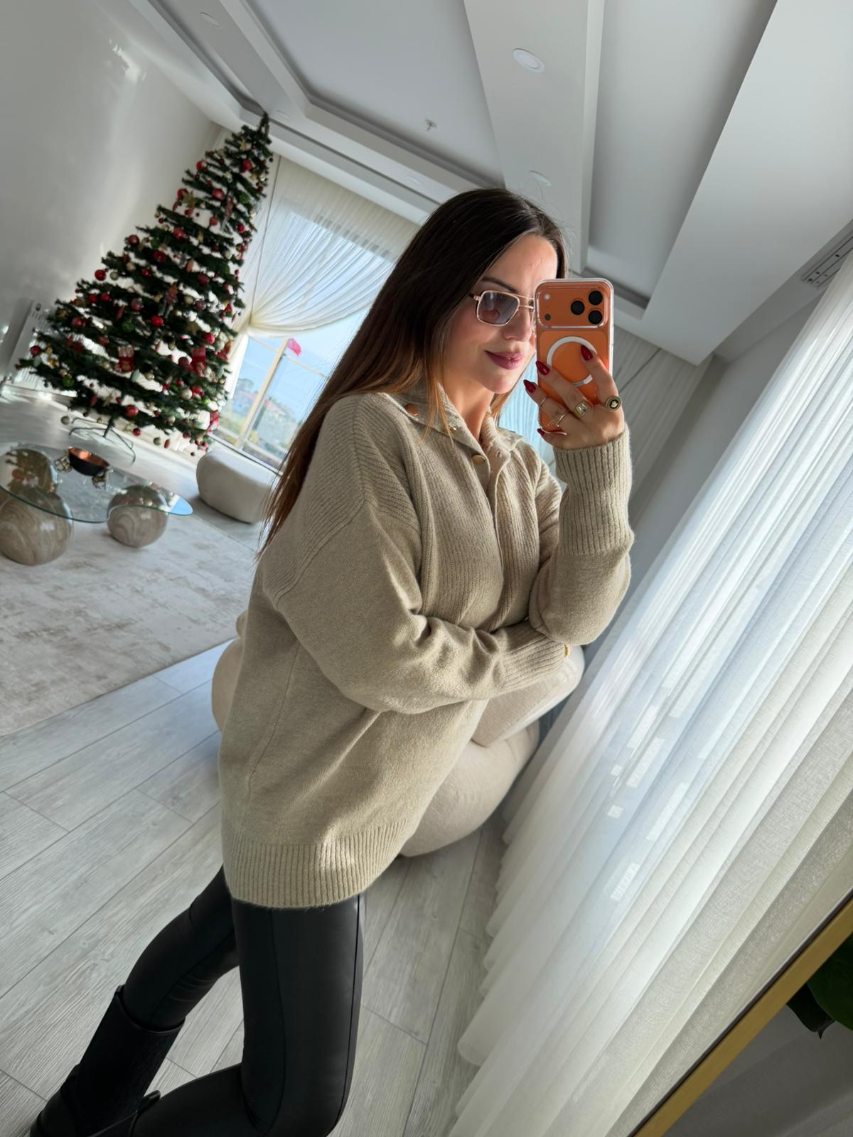 059 Patlı Polo Yaka Kazak TAŞ