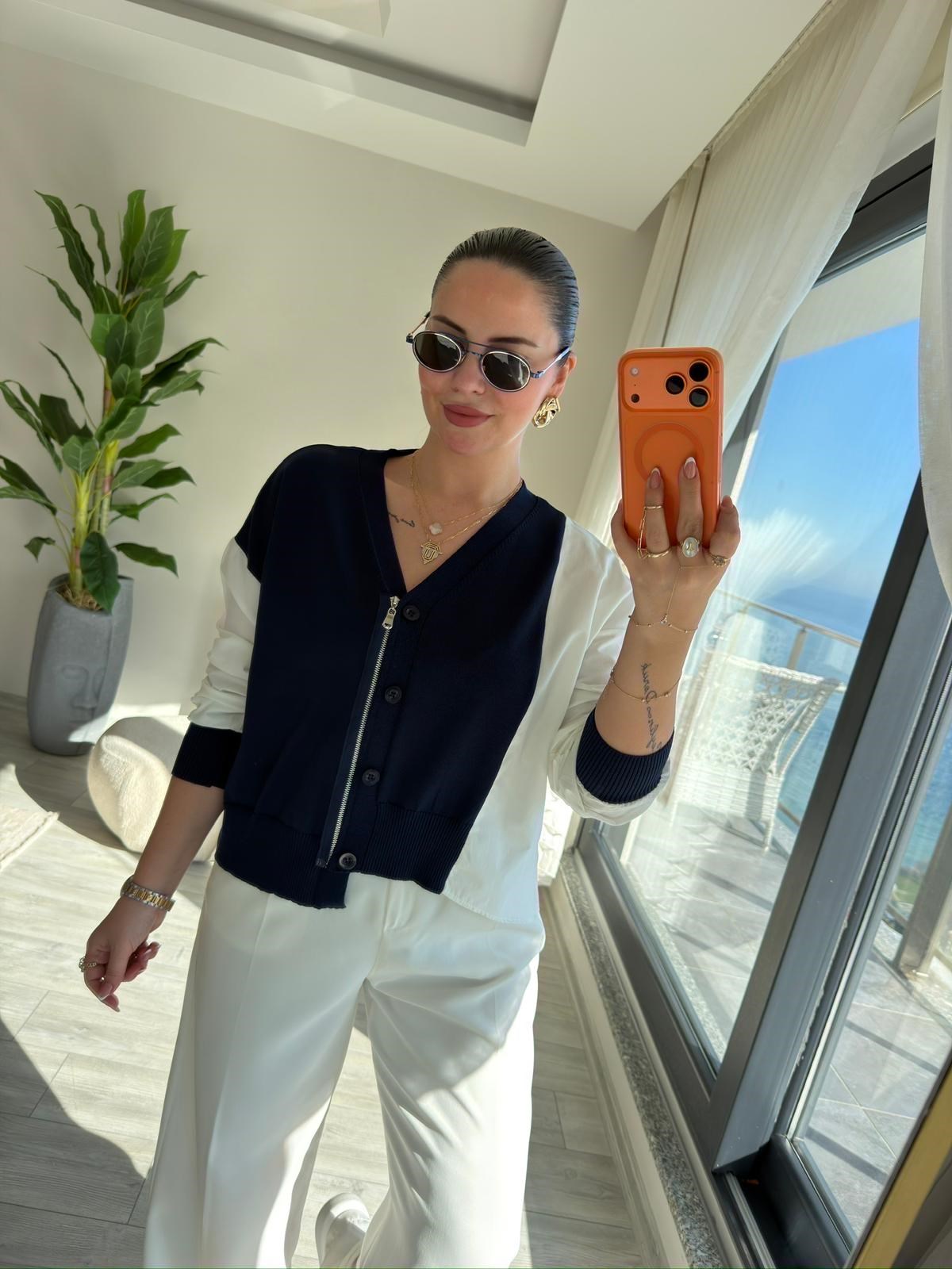 0610 Kumaş Detaylı Bluz LACİVERT