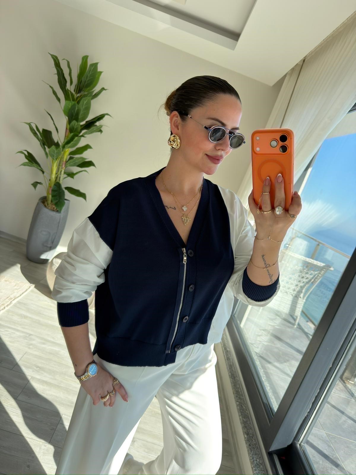 0610 Kumaş Detaylı Bluz LACİVERT