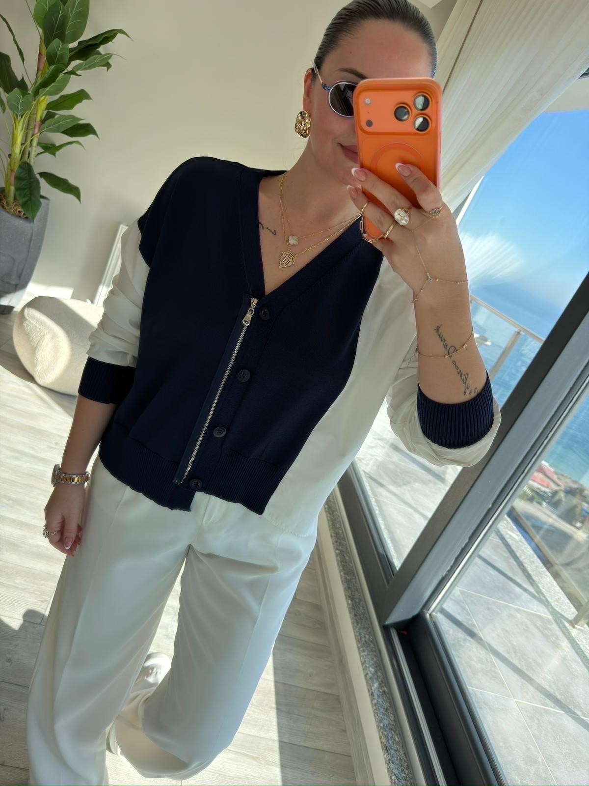 0610 Kumaş Detaylı Bluz LACİVERT
