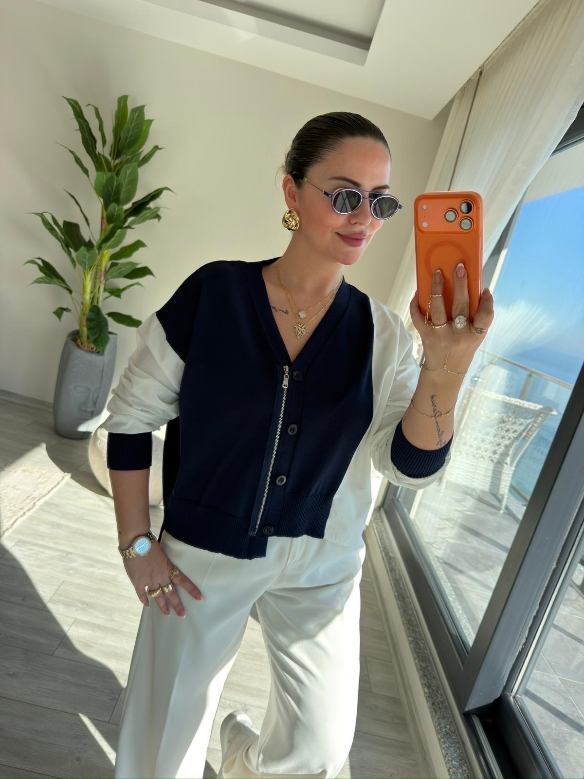 0610 Kumaş Detaylı Bluz LACİVERT