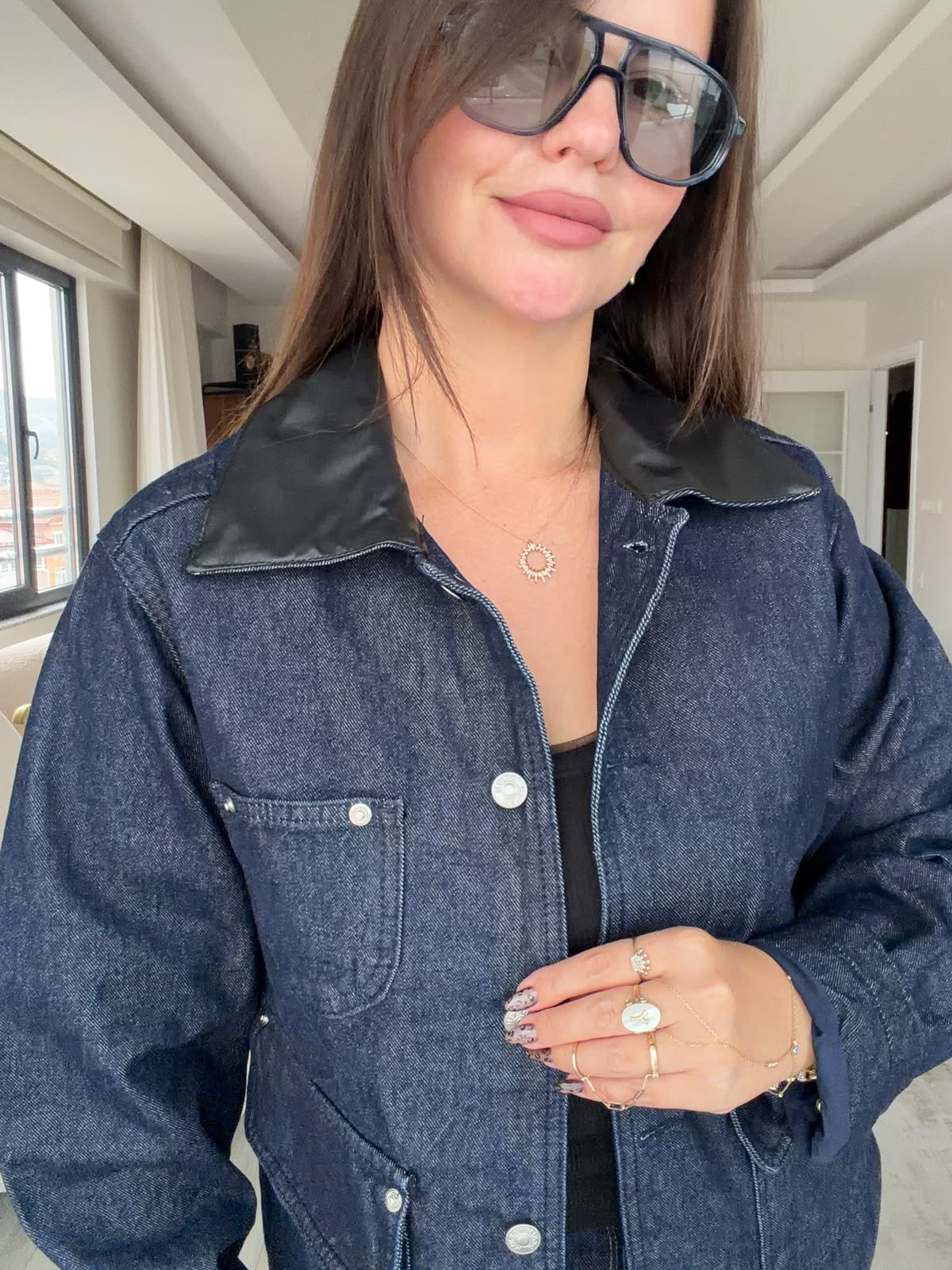 0660 Deri Yaka Denim Ceket LACİVERT