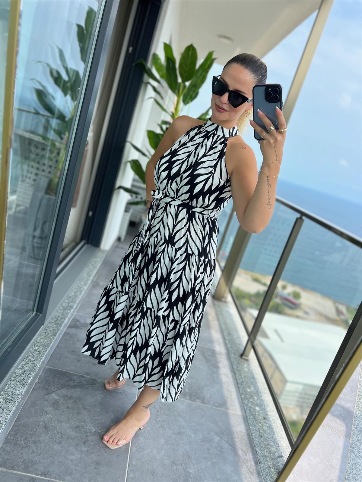 07 Halter Yaka Elbise YAPRAK DESEN