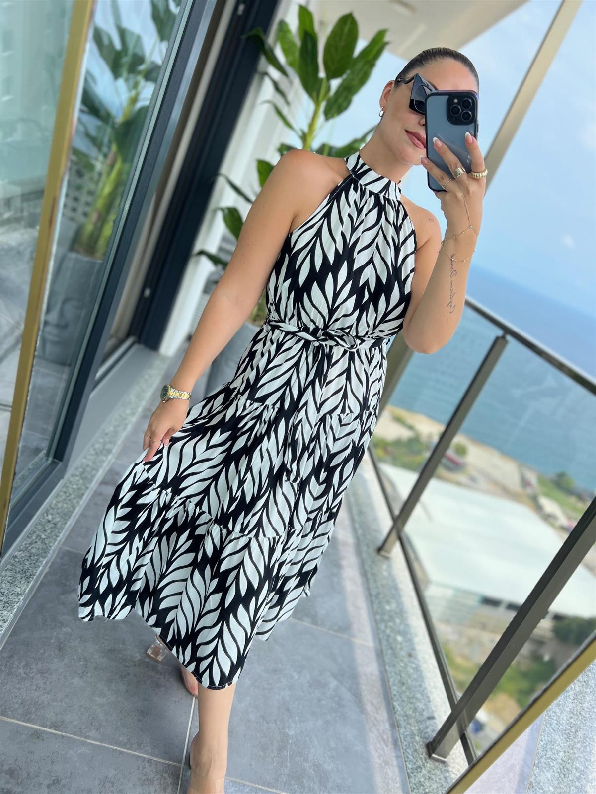 07 Halter Yaka Elbise YAPRAK DESEN