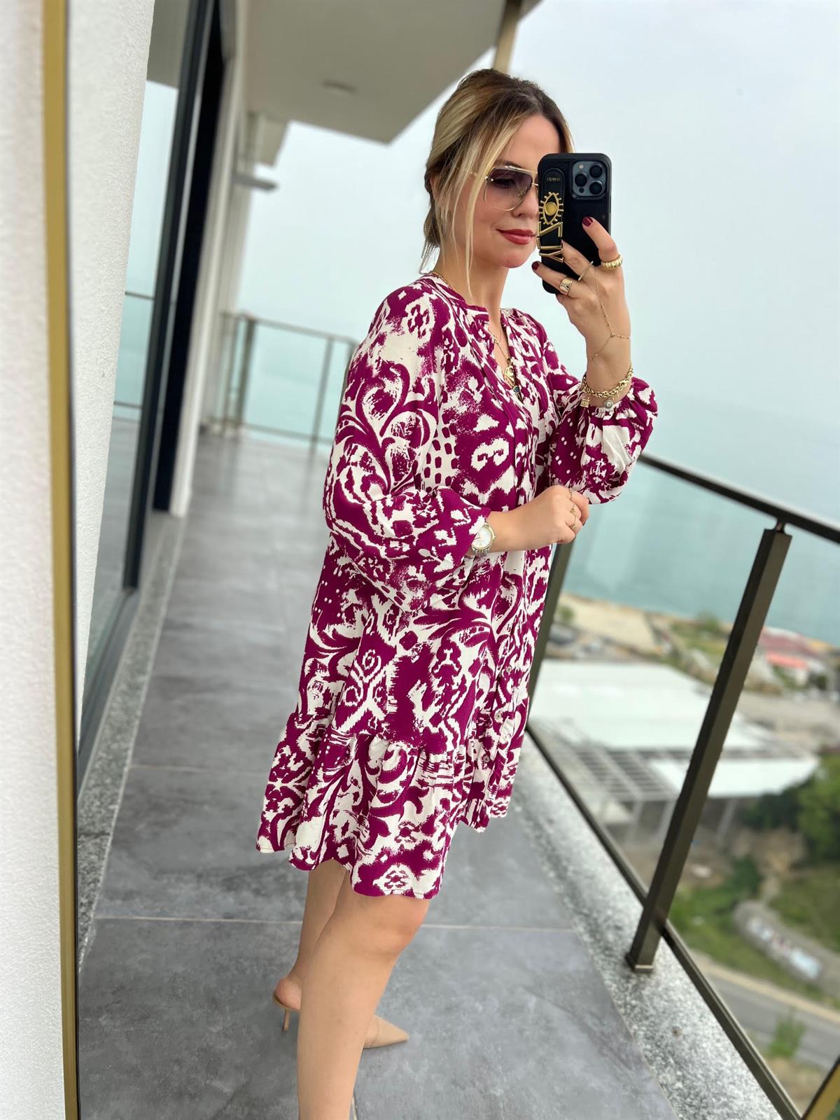 0755 Desenli Kısa Elbise PEMBE