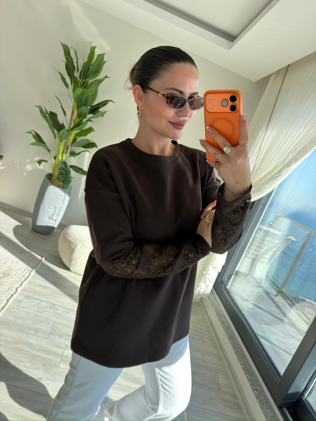 0886 Kolu Dantelli Sweat KAHVE