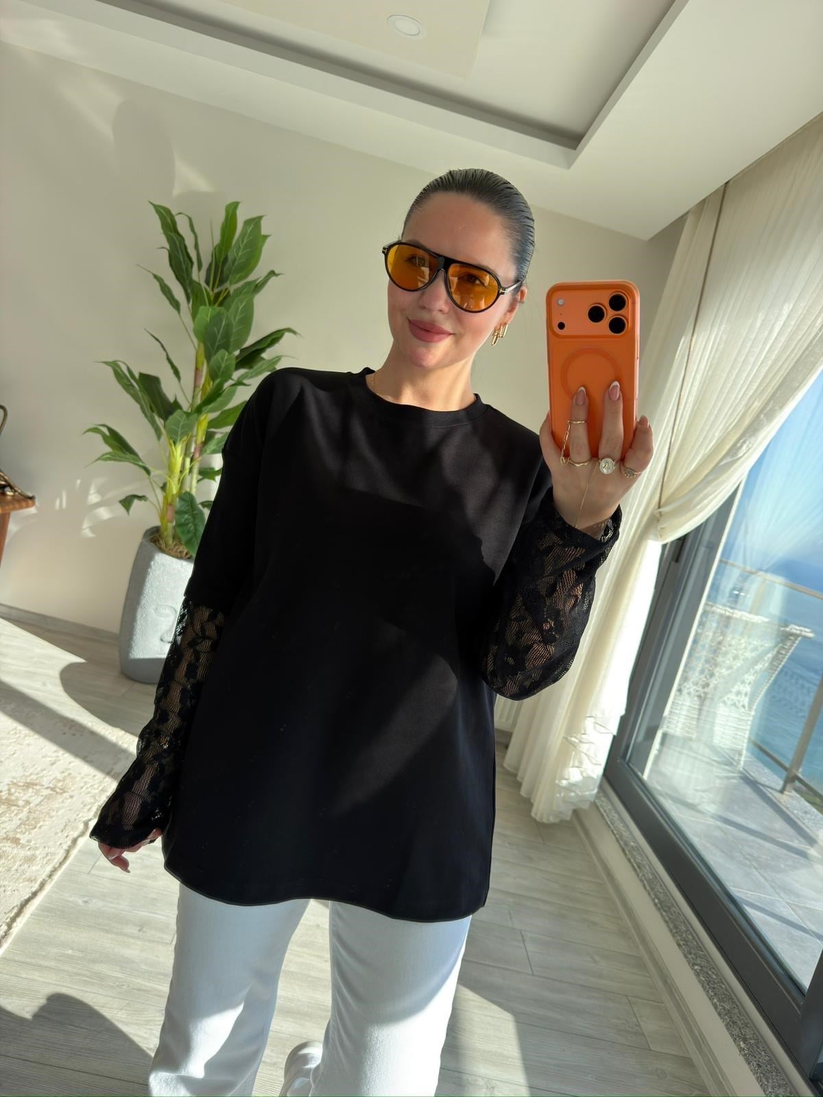 0886 Kolu Dantelli Sweat SİYAH