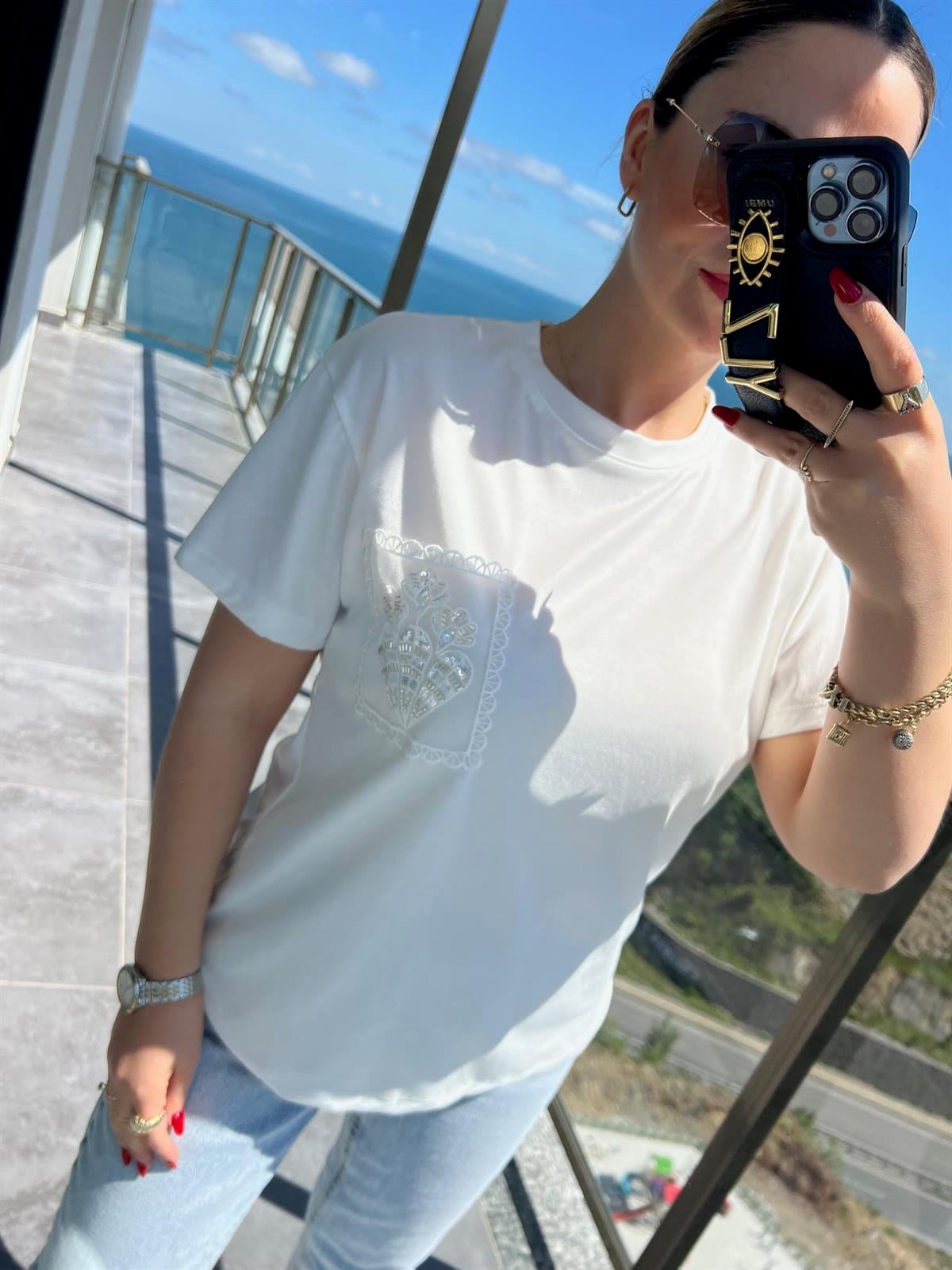 092 Cebi Boncuklu Tshirt EKRU