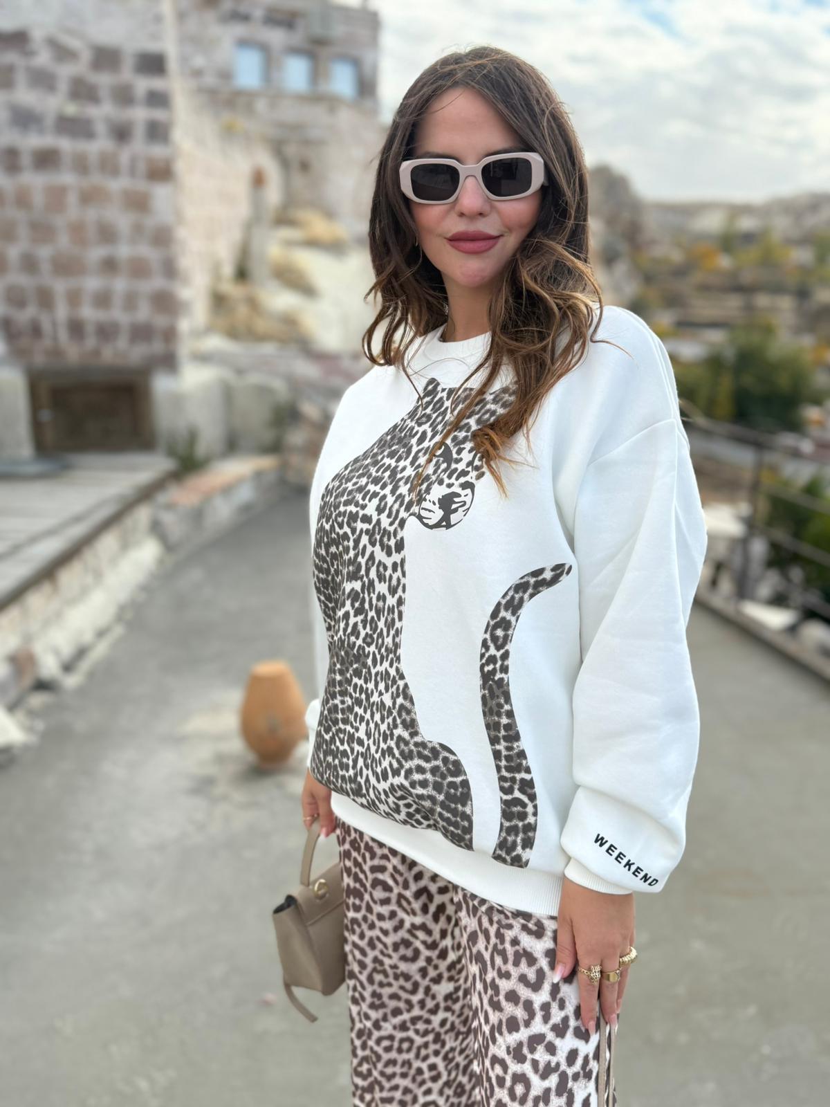 0965 Leopar Baskılı Sweat EKRU