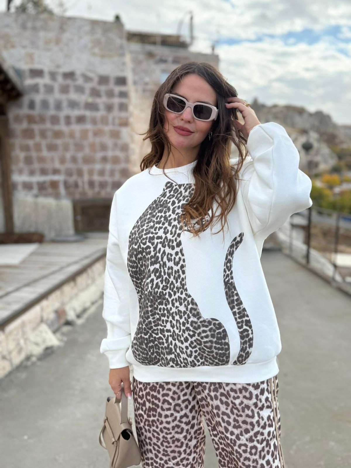 0965 Leopar Baskılı Sweat EKRU