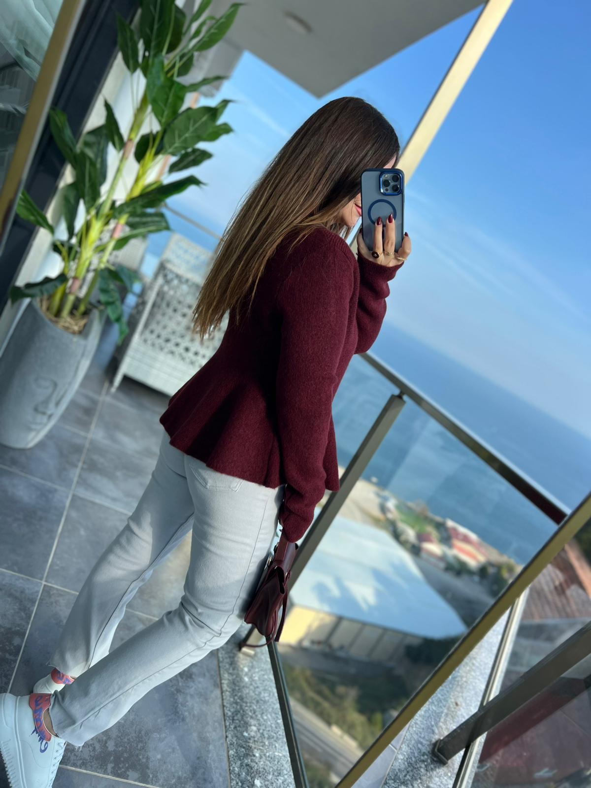 0985 Düğmeli Triko Hırka BORDO