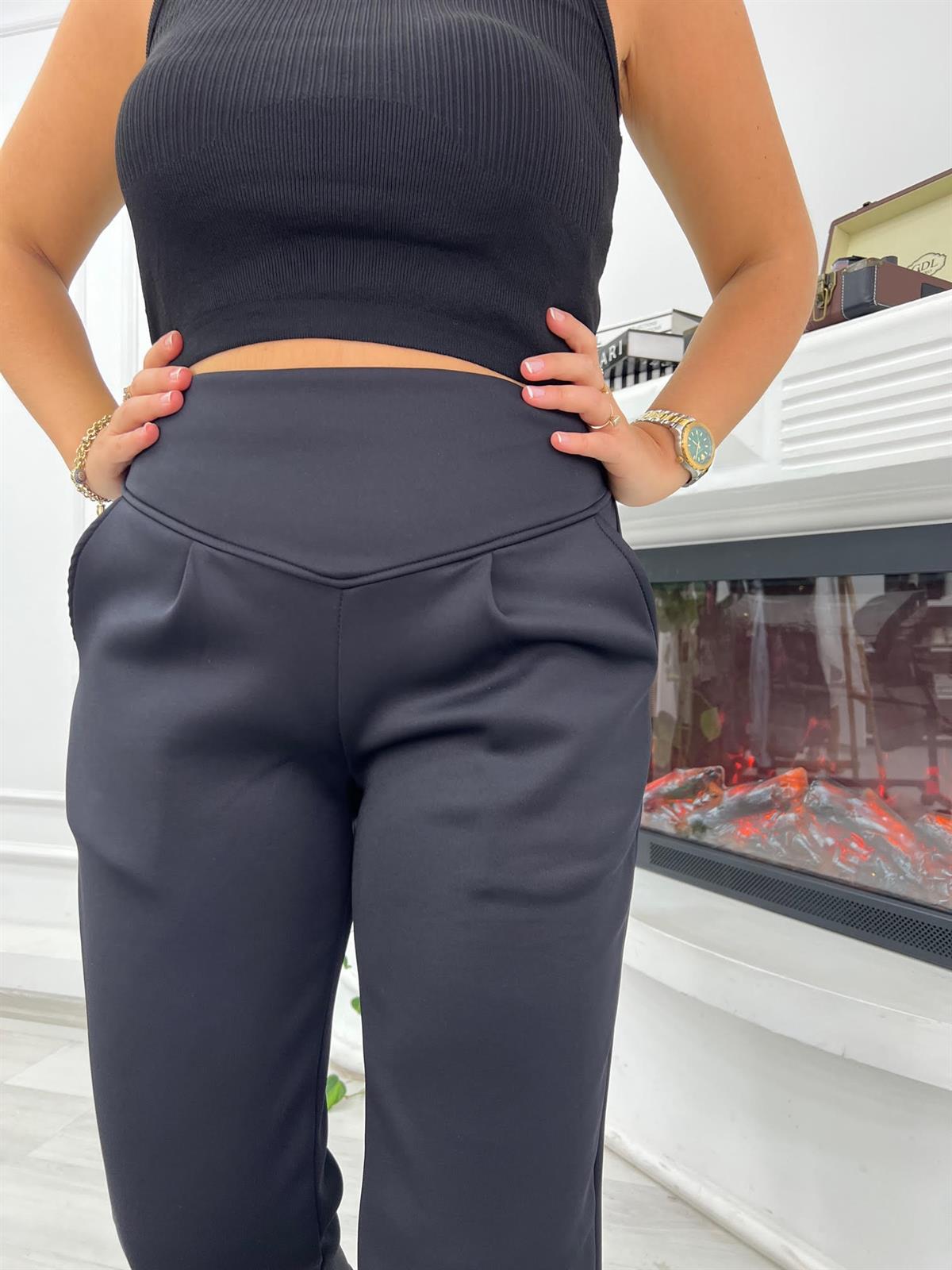 1005 Düz Kemerli Scuba Pantolon SİYAH