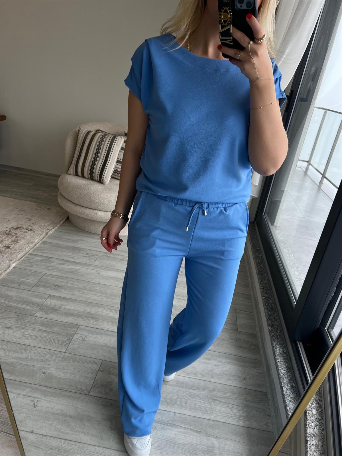 1010 Drapeli Likralı Crep Kumaş Takım BEBE MAVİ