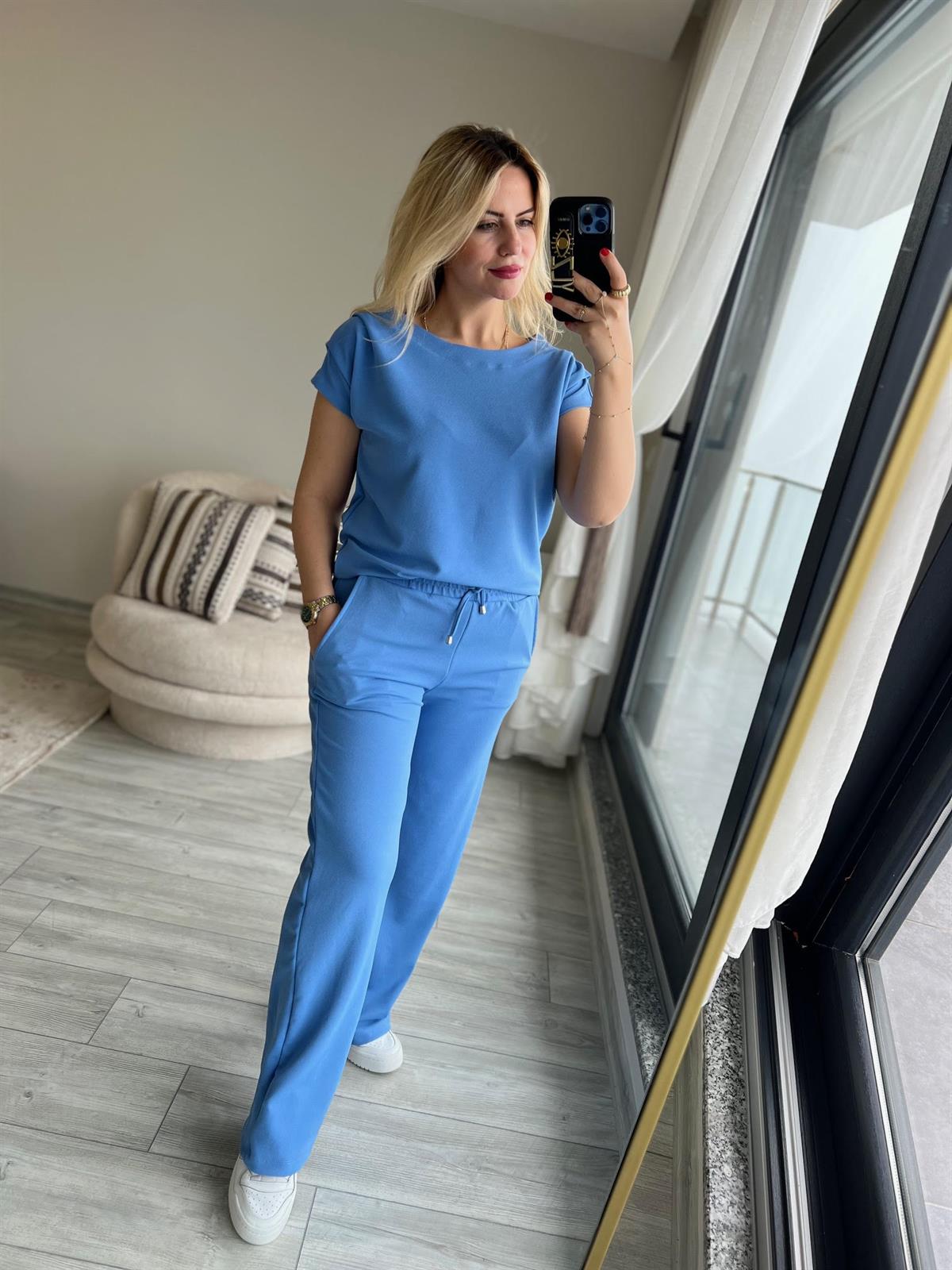 1010 Drapeli Likralı Crep Kumaş Takım BEBE MAVİ