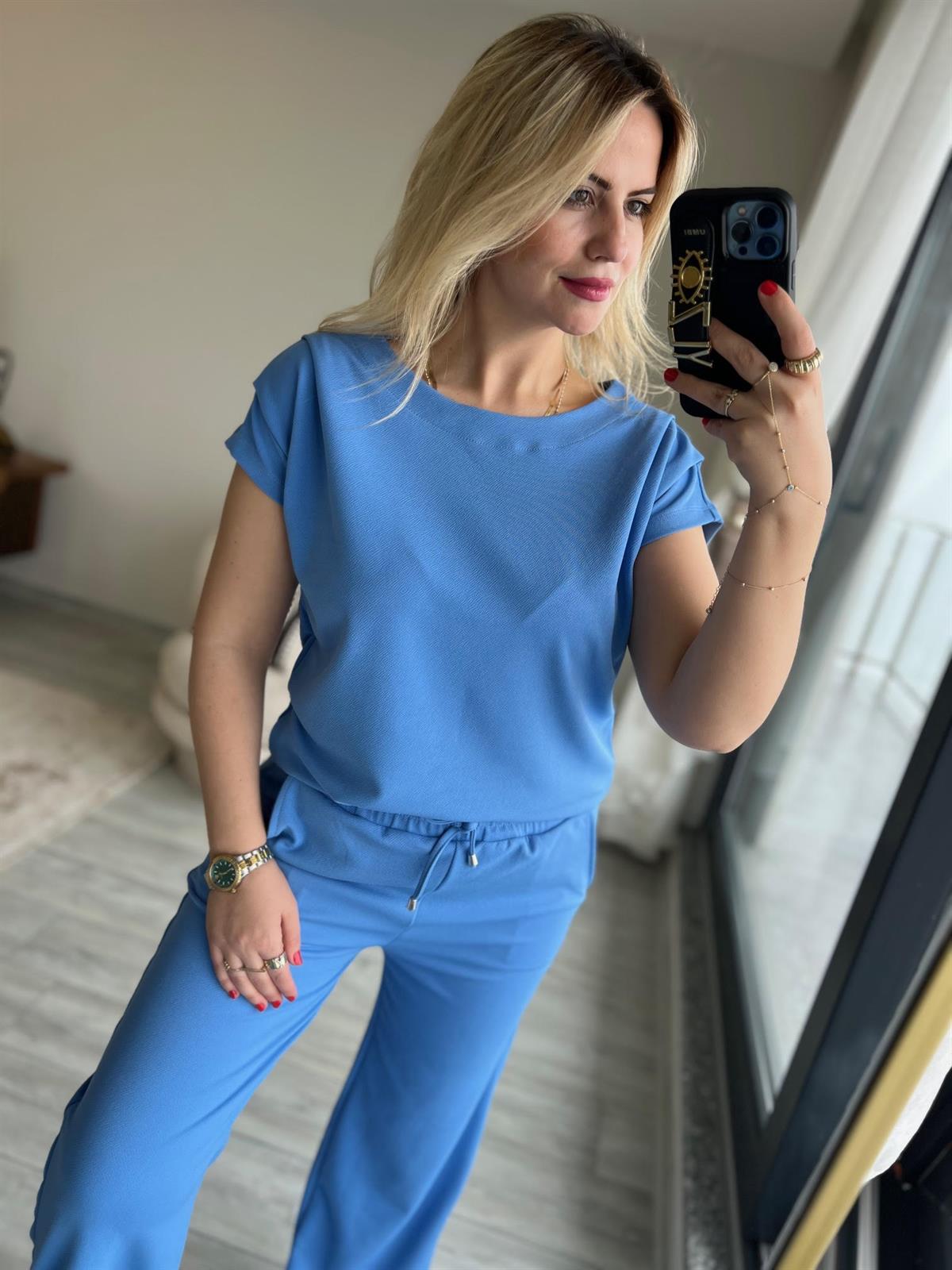 1010 Drapeli Likralı Crep Kumaş Takım BEBE MAVİ