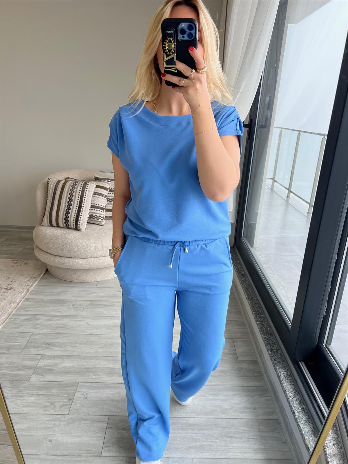 1010 Drapeli Likralı Crep Kumaş Takım BEBE MAVİ