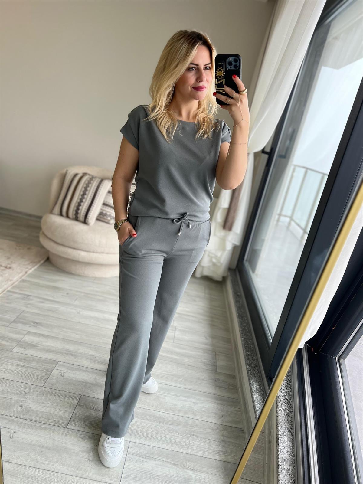 1010 Drapeli Likralı Crep Kumaş Takım GRİ