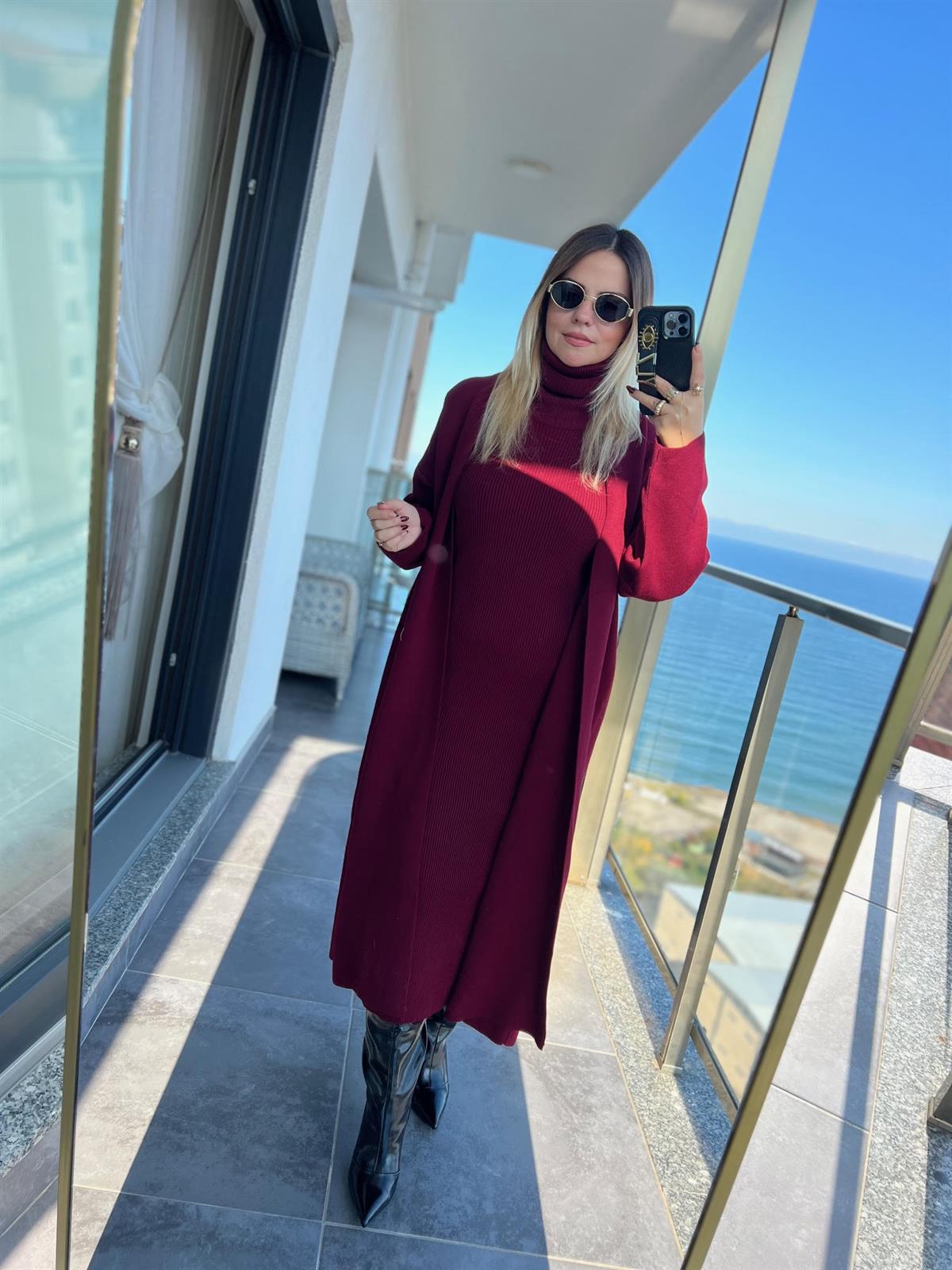 10117 Uzun Hırka Elbise Takım BORDO