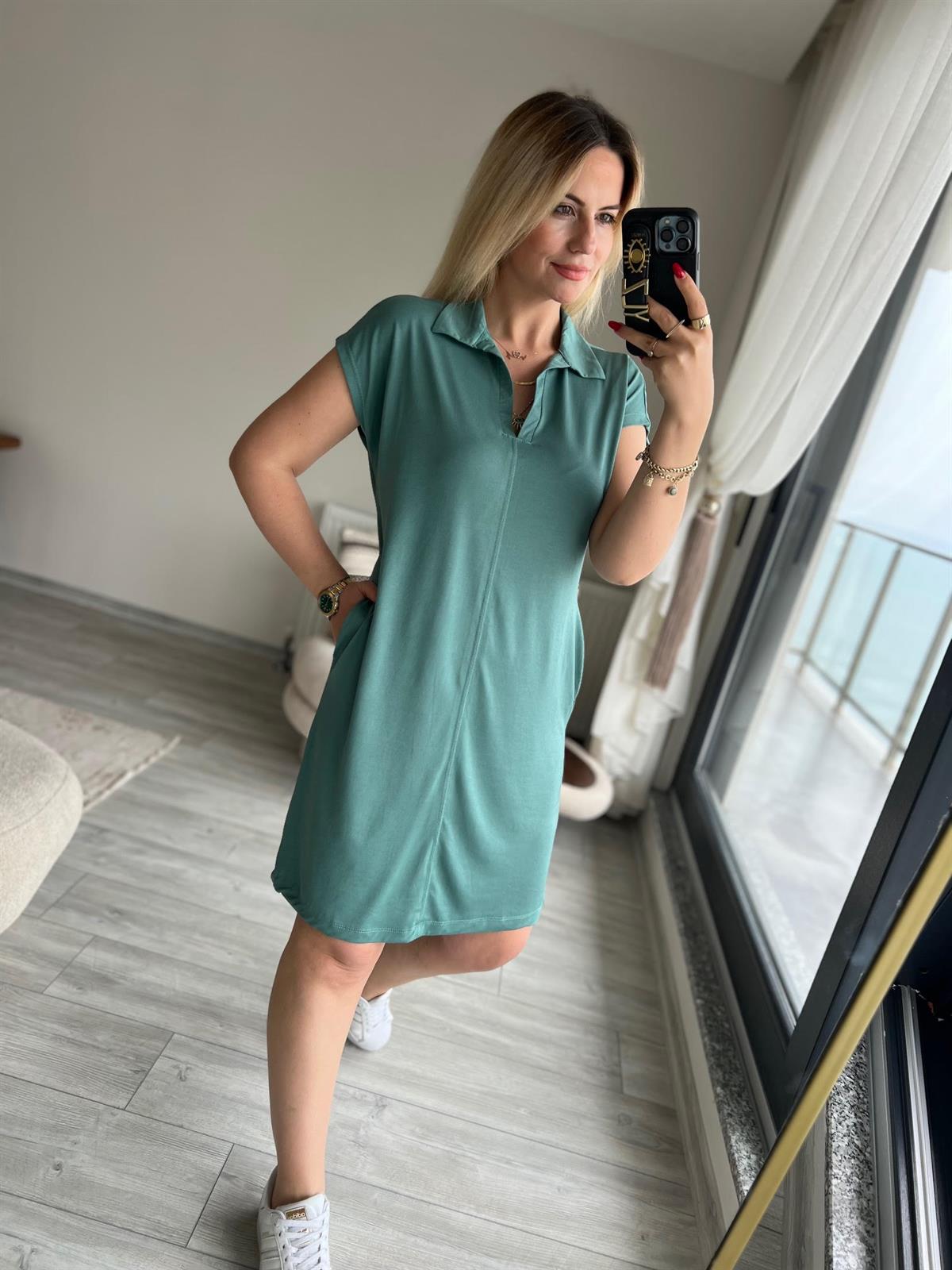 1015 Polo Yaka Modal Kumaş Elbise ÇİMEN YEŞİLİ