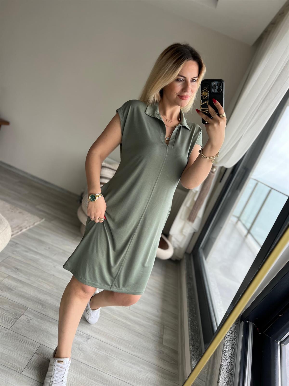 1015 Polo Yaka Modal Kumaş Elbise HAKİ YEŞİL