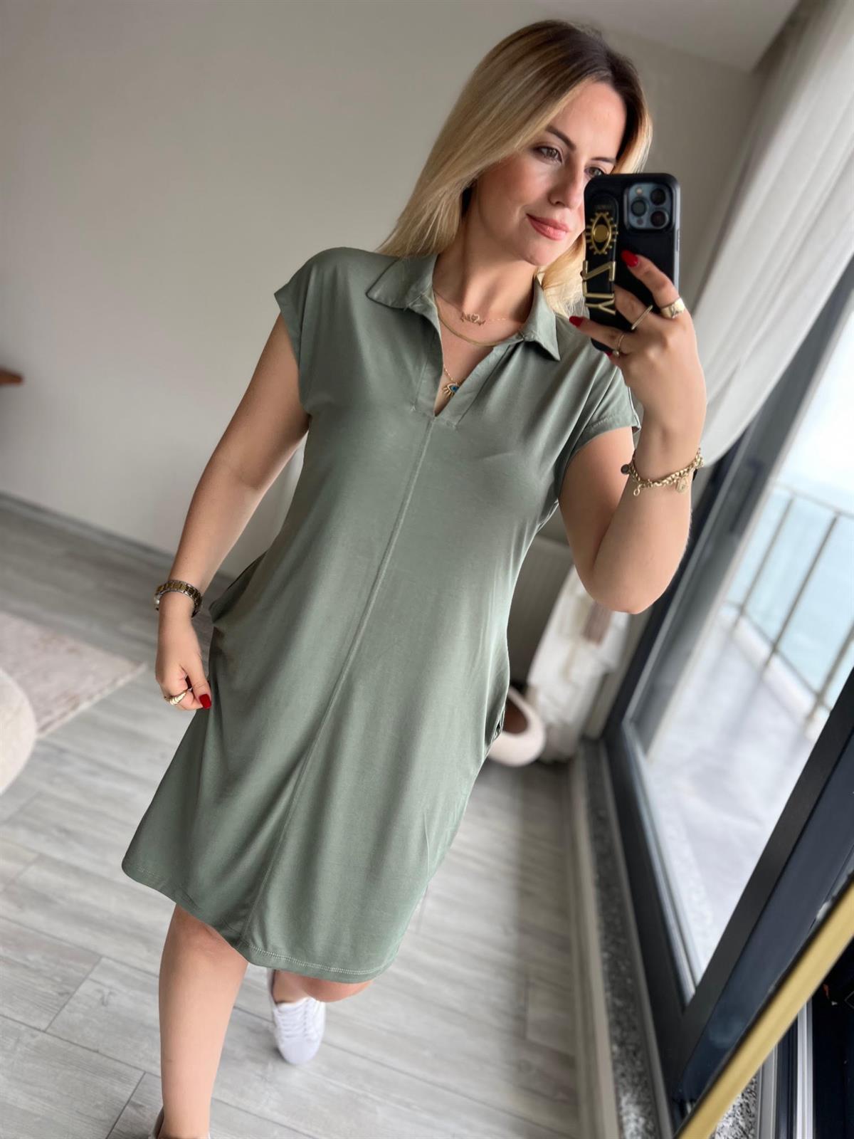 1015 Polo Yaka Modal Kumaş Elbise HAKİ YEŞİL