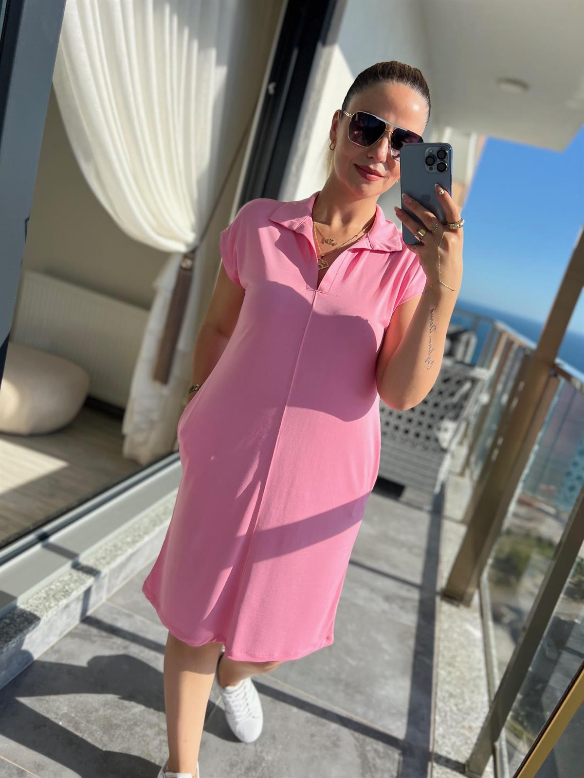 1015 Polo Yaka Modal Kumaş Elbise PEMBE