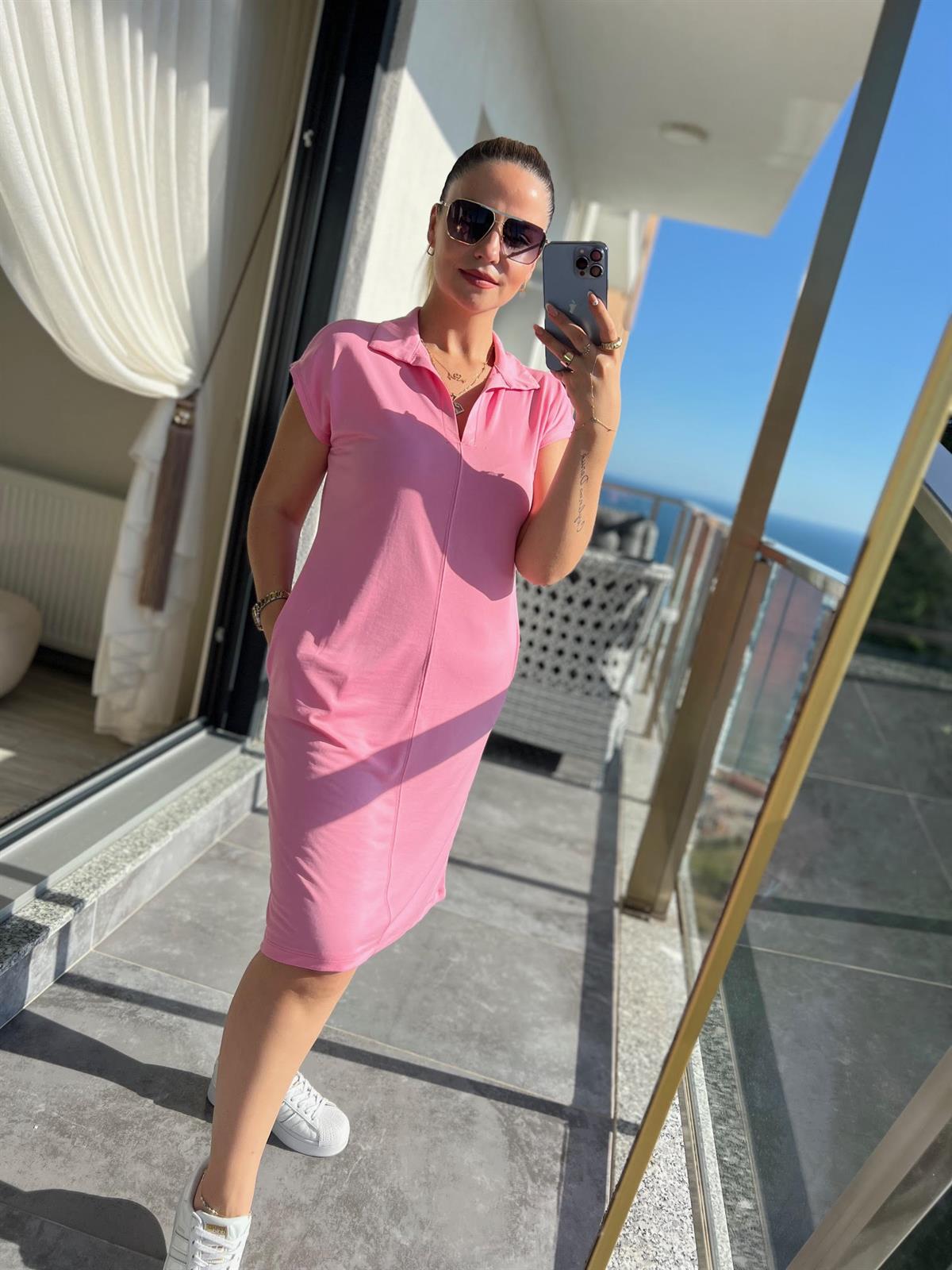 1015 Polo Yaka Modal Kumaş Elbise PEMBE