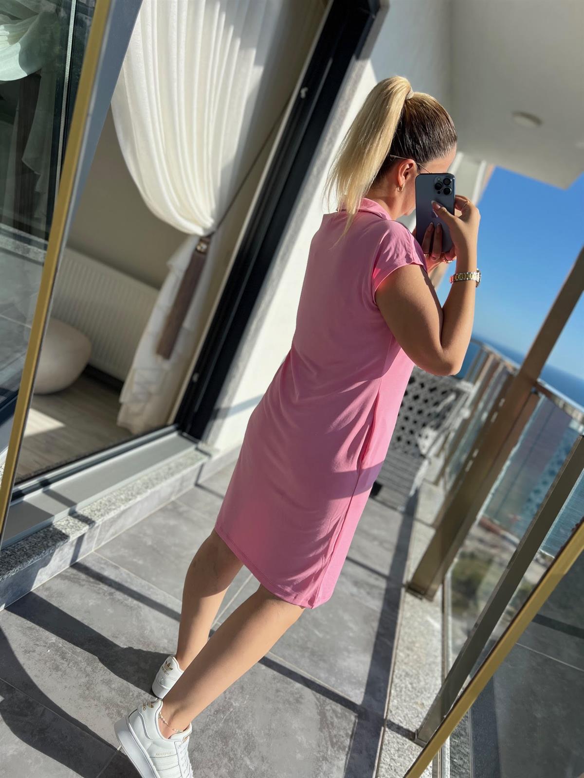 1015 Polo Yaka Modal Kumaş Elbise PEMBE