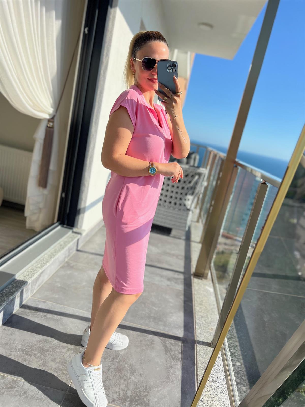 1015 Polo Yaka Modal Kumaş Elbise PEMBE