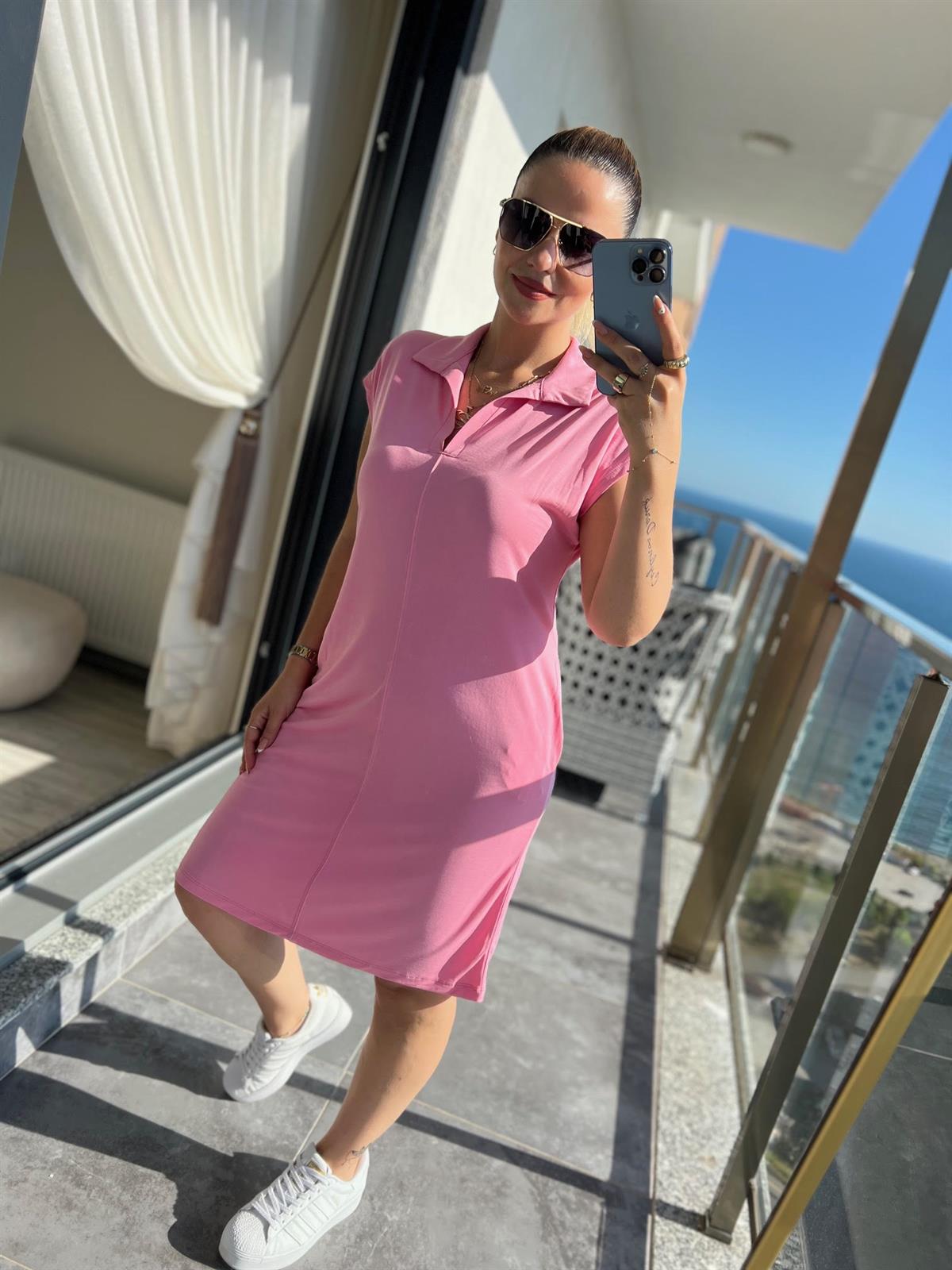 1015 Polo Yaka Modal Kumaş Elbise PEMBE
